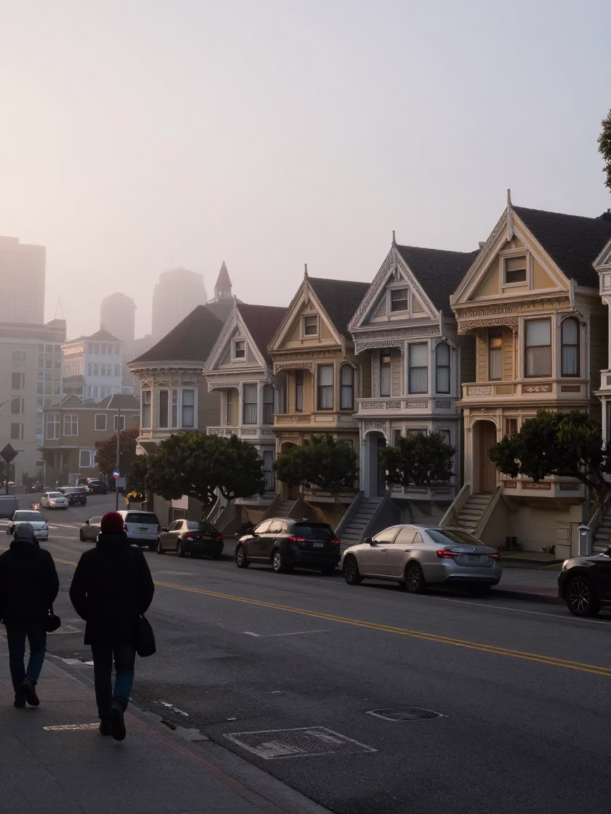 San Francisco foggy dawn street scene with commuter and parked car in in San Francisco, California, United States