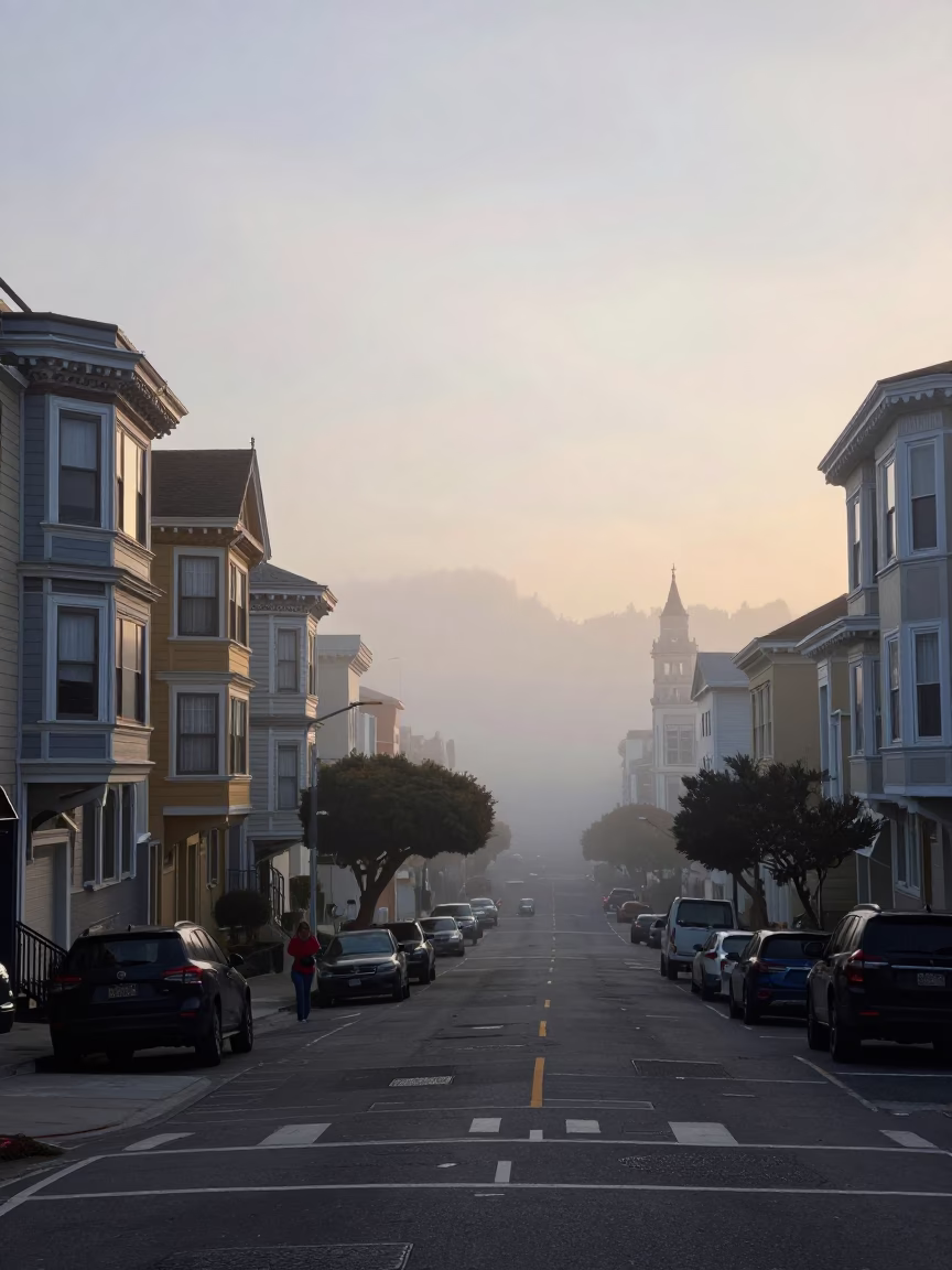 San Francisco Foggy Dawn Street Scene with Scarf and Urban Details in in San Francisco, California, United States