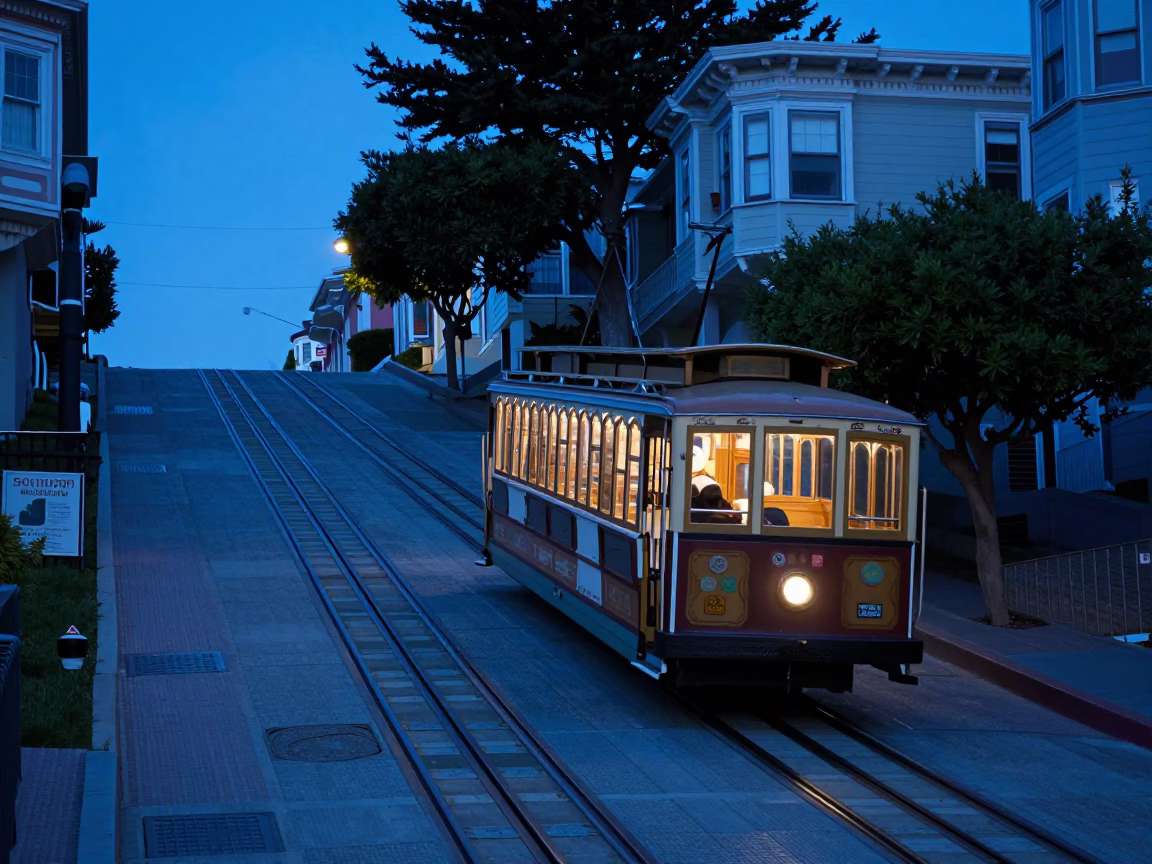 San Francisco Funicular Climbing Steep Hill in Evening Blue Light with Flowerpot in in San Francisco, California, United States