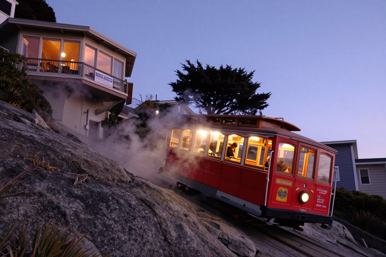 San Francisco Funicular Climbing Telegraph Hill Cliffside Restaurant Indigo Twilight in in San Francisco, California, United States