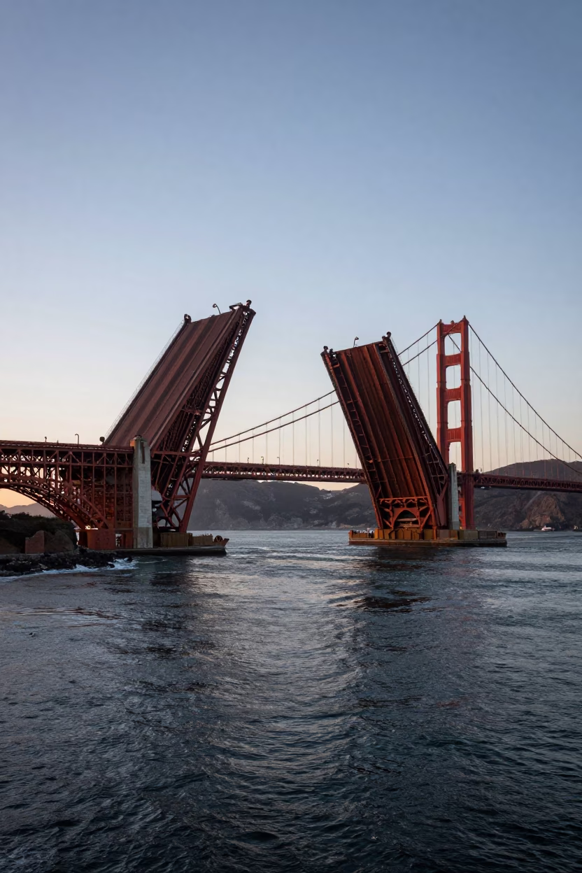 San Francisco Golden Gate Bridge Drawbridge Lifting Above Dark Tidal Channel Before Sunrise in in San Francisco, California, United States