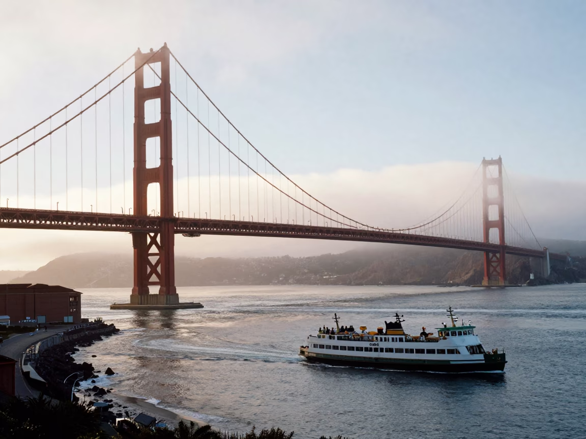 San Francisco Golden Gate Bridge Morning Light with Ferry and Urban Skyline Details in in San Francisco, California, United States