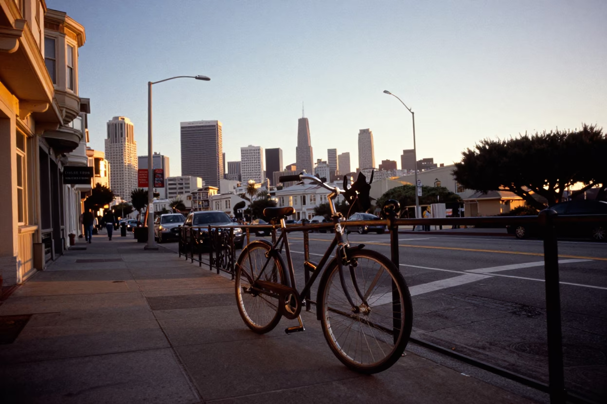 San Francisco Golden Hour Street Scene with Bicycle and City Skyline at Sunset in in San Francisco, California, United States