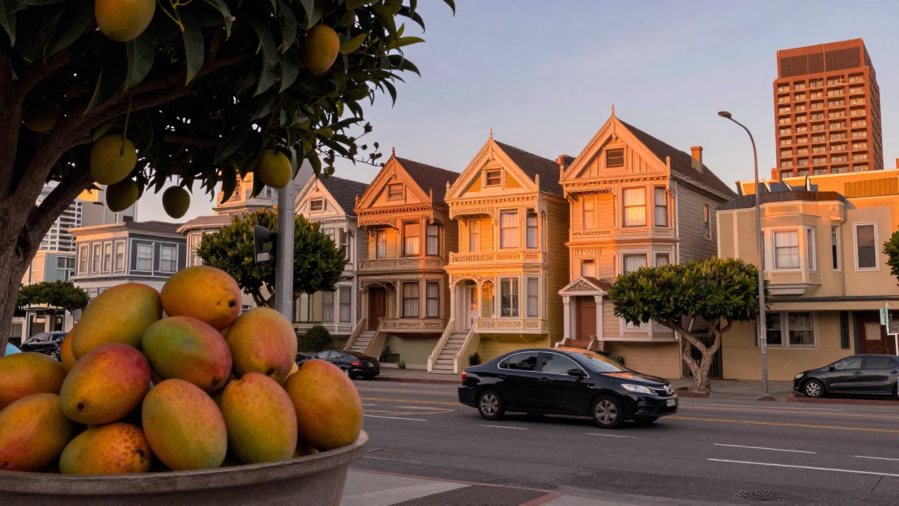 San Francisco Golden Hour Street Scene with Mangoes and Urban Architecture in in San Francisco, California, United States