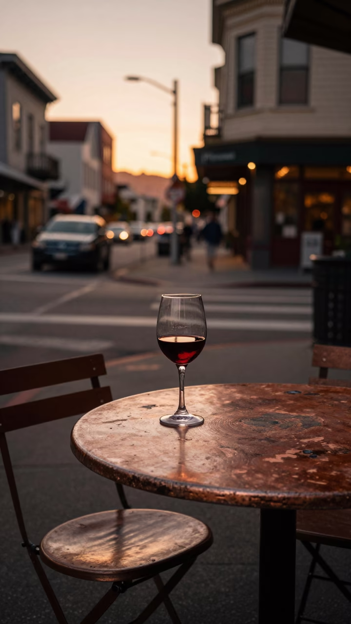San Francisco Golden Hour Street Scene with Red Wine and Rusty Stool in in San Francisco, California, United States