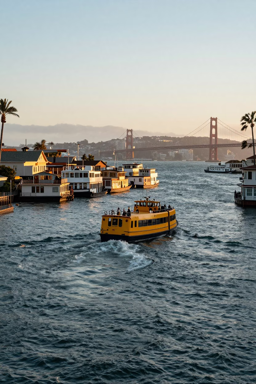 San Francisco Golden Hour Water Taxi Navigating Canal Houseboats Near Fisherman's Wharf in in San Francisco, California, United States