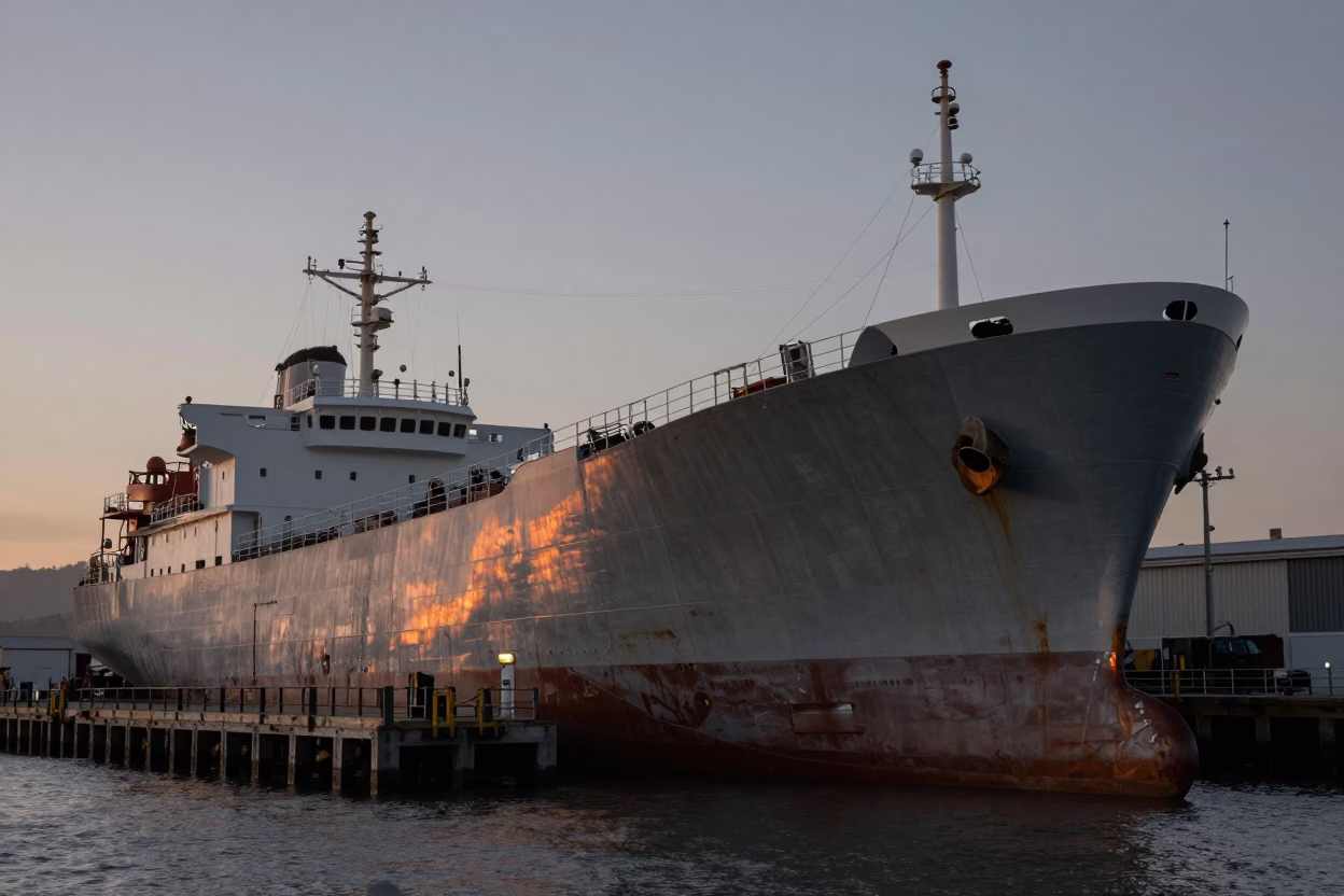 San Francisco Harbor Dawn with Dry Dock Ship Hull and Metal Bucket in in San Francisco, California, United States