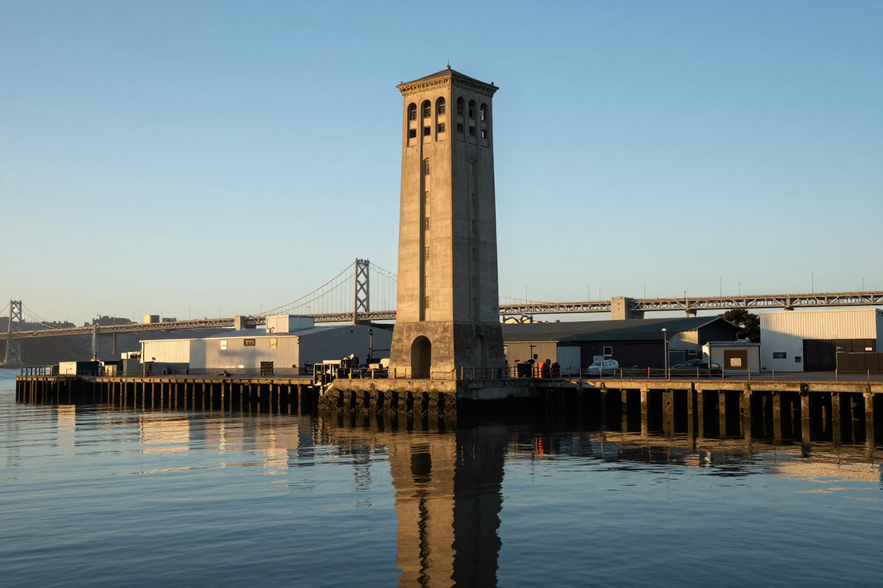 San Francisco Harbor Drawbridge Counterweight Tower Reflected in Oil Slick Water in in San Francisco, California, United States