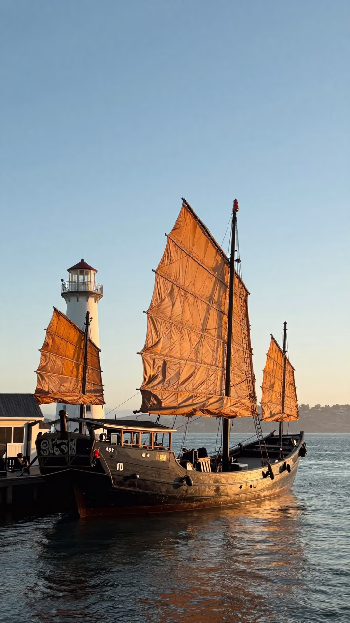 San Francisco Harbor First Light with Chinese Junk Battened Sails and Waterfront Architecture in in San Francisco, California, United States
