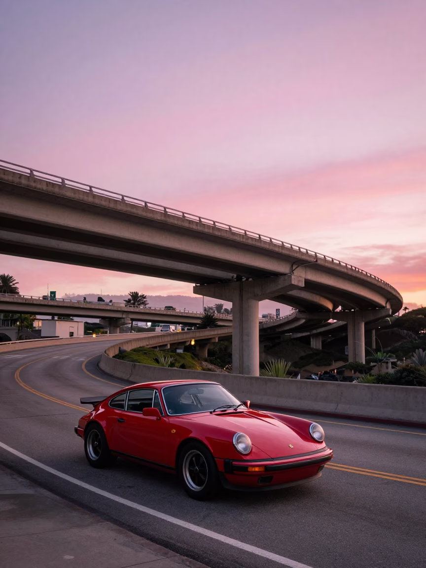 San Francisco Highway Flyover Stack Against Pink Early Evening Sky with Vintage Sports Car in in San Francisco, California, United States