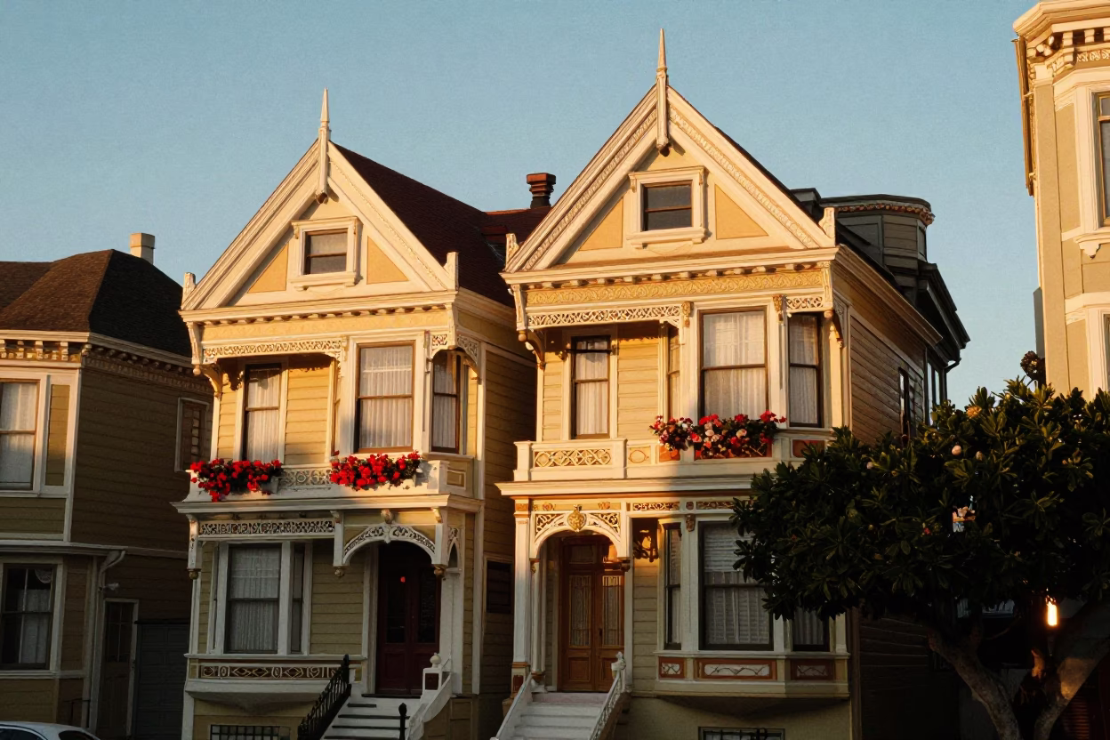 San Francisco House Exterior at Honeyed Evening Light in in San Francisco, California, United States