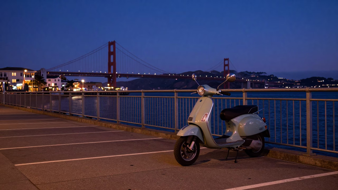 San Francisco Indigo Twilight Harbor Promenade Scooter Parking Scene in in San Francisco, California, United States