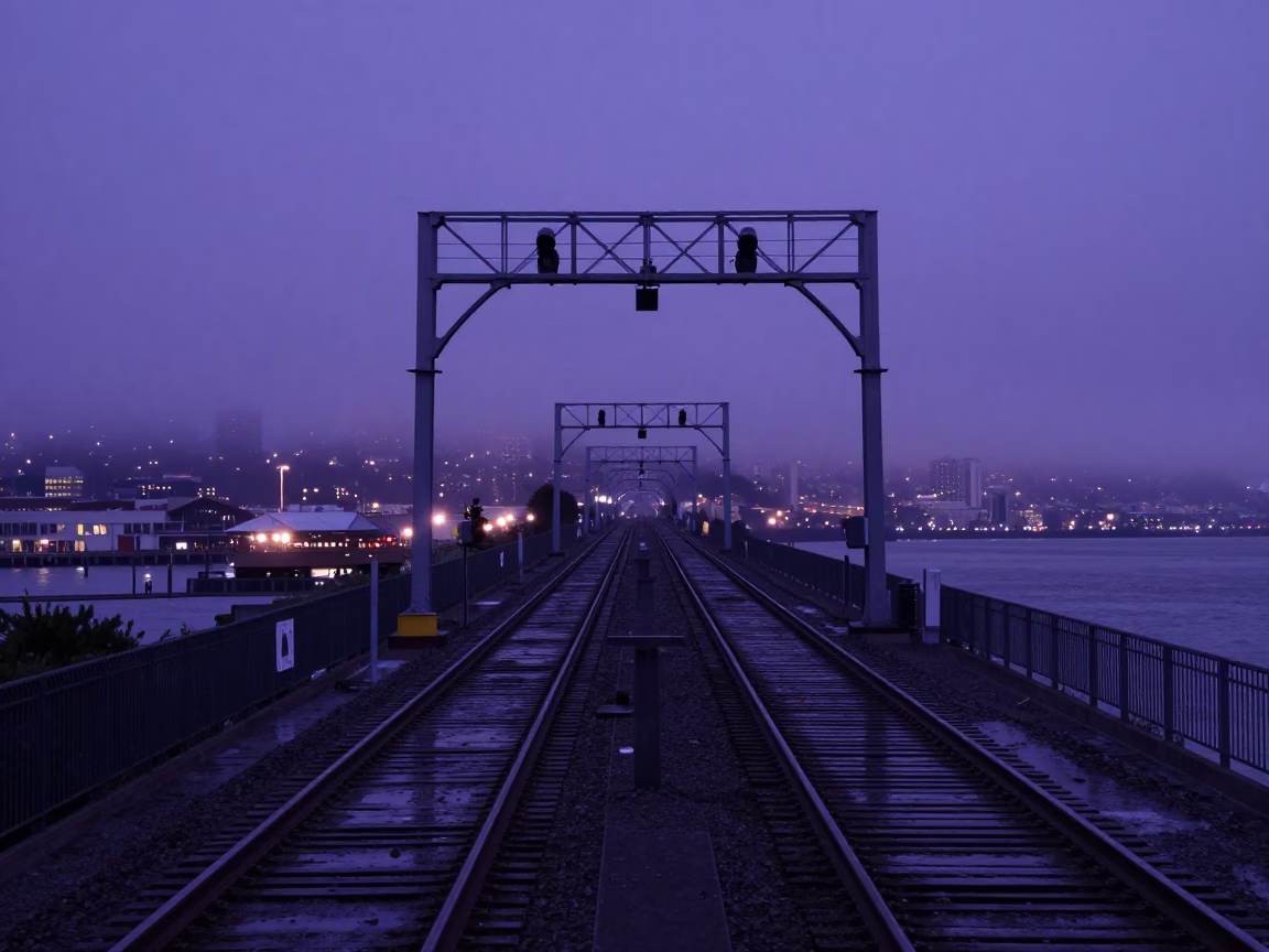 San Francisco Indigo Twilight Signal Gantry Above Parallel Rail Lines in Mist in in San Francisco, California, United States