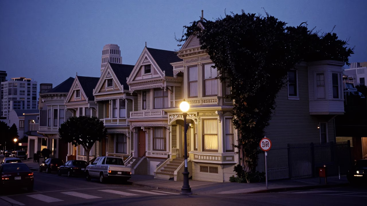 San Francisco Indigo Twilight Street Scene with Black Pepper Vine and Coastal Breakwater in in San Francisco, California, United States