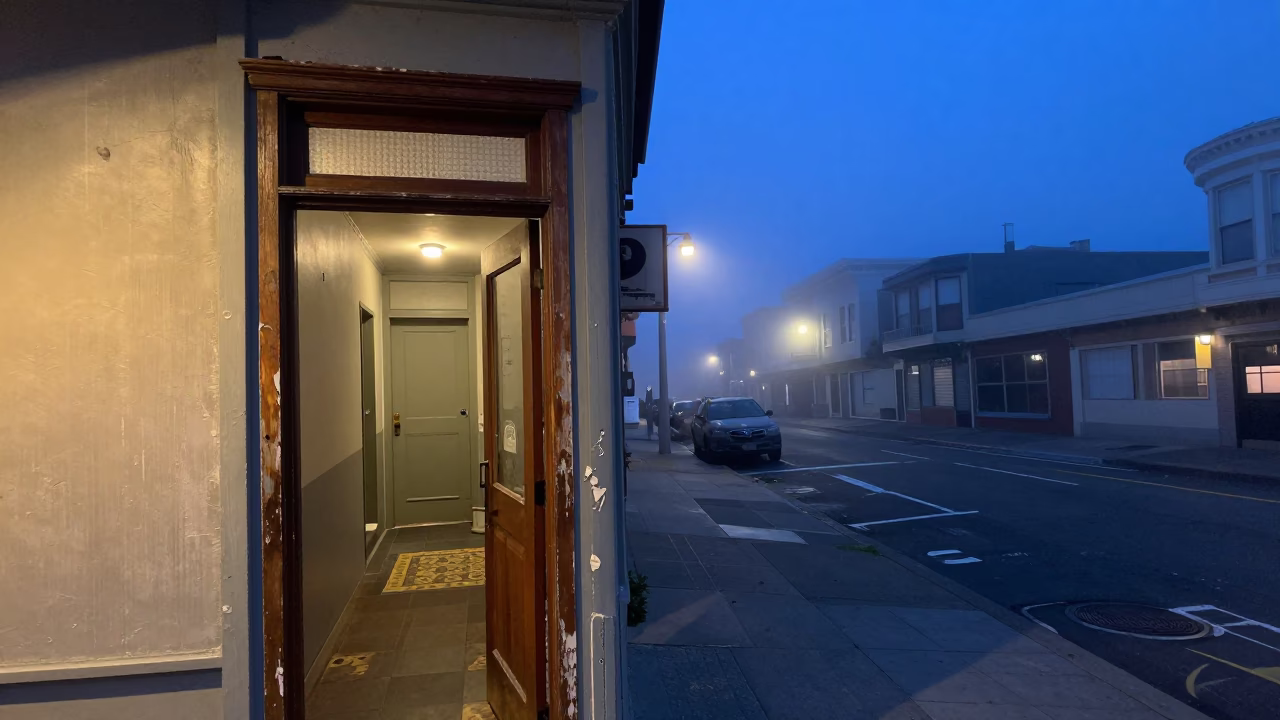 San Francisco Indigo Twilight Street Scene with Doorframe and Fog in in San Francisco, California, United States