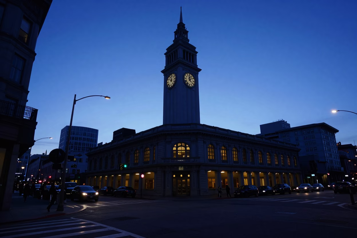 San Francisco Indigo Twilight Street Scene with Ferry Building and Urban Details in in San Francisco, California, United States