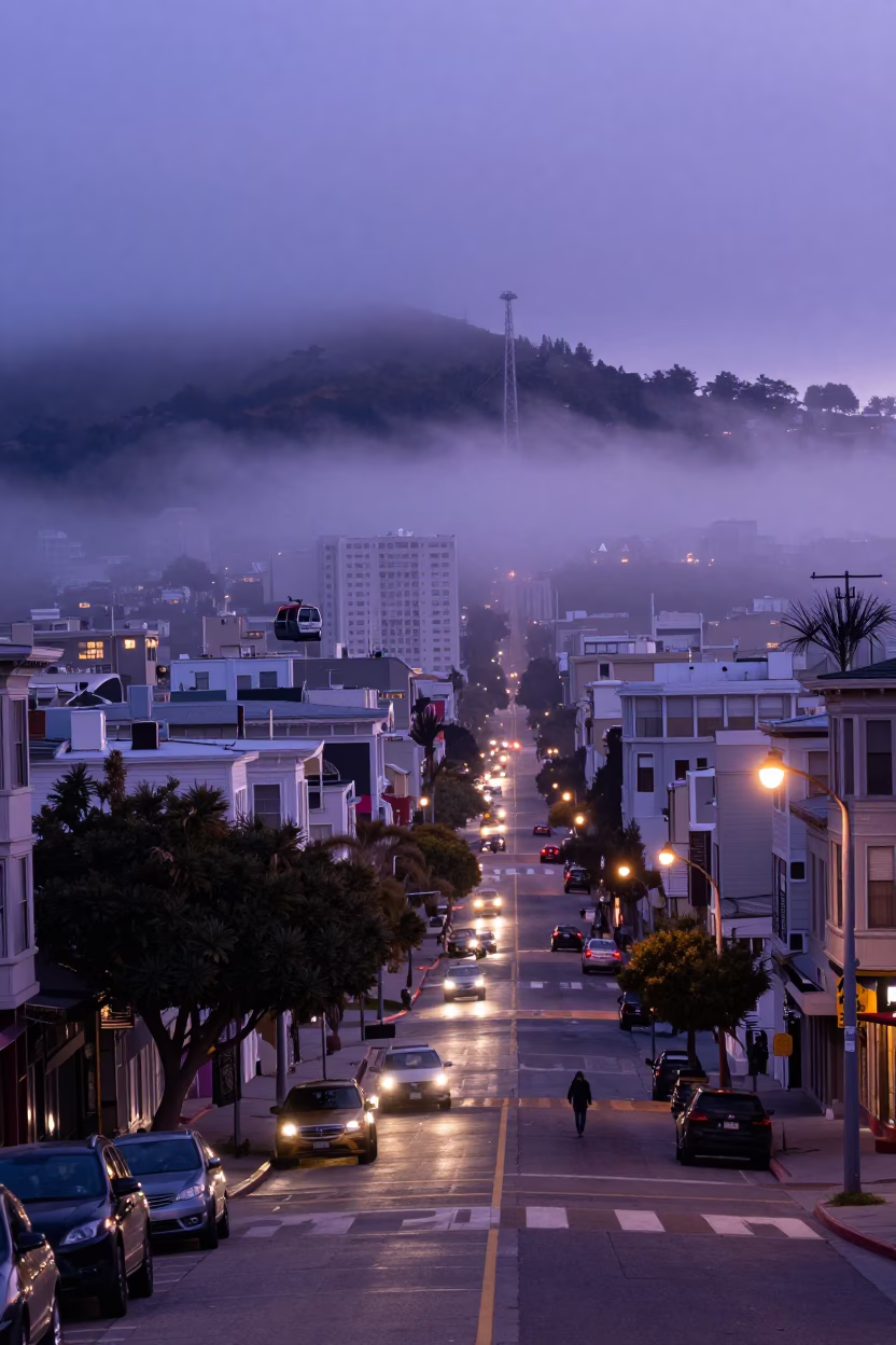 San Francisco Indigo Twilight Street Scene with Fog and Lantern Light in in San Francisco, California, United States