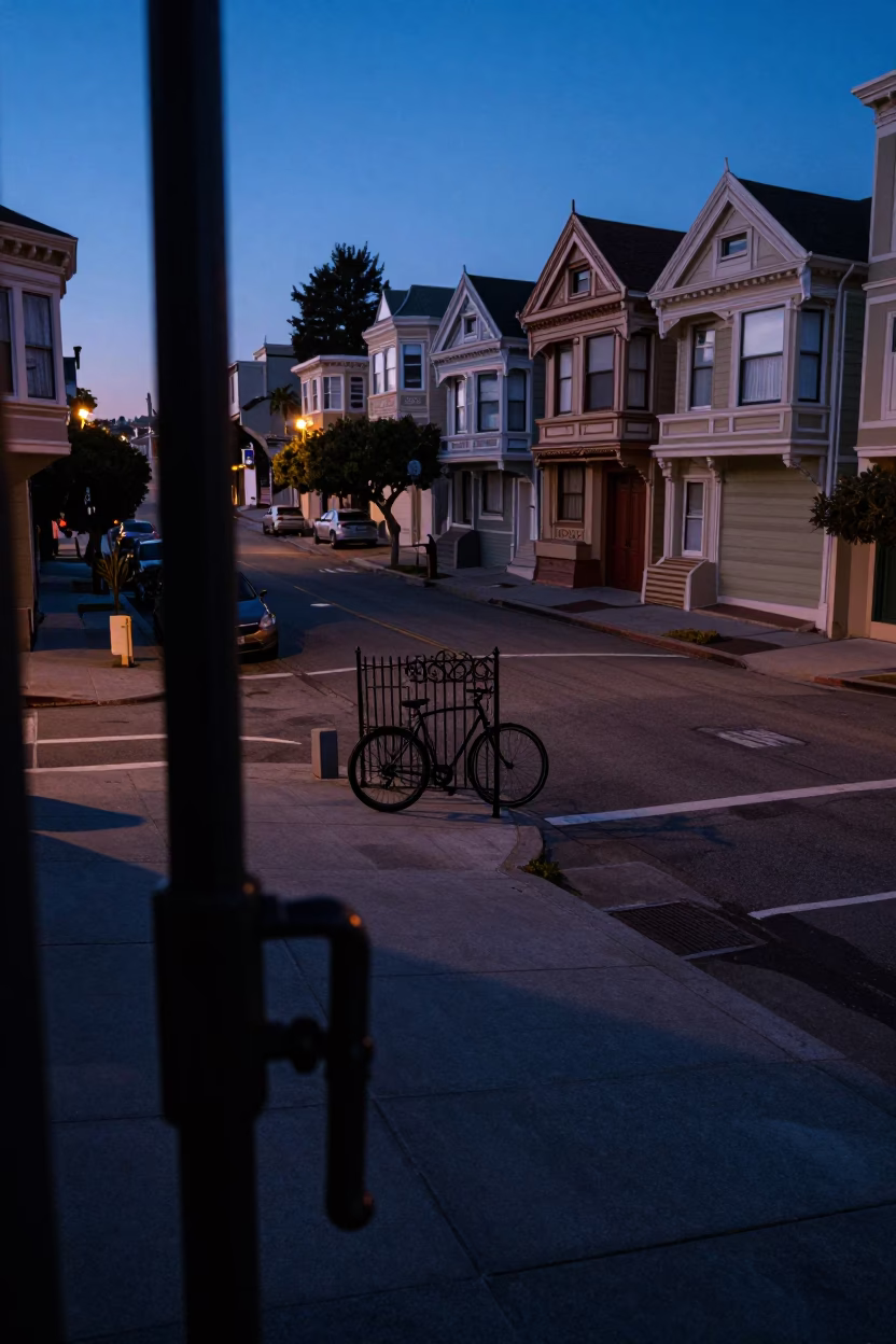 San Francisco Indigo Twilight Street Scene with Gate Handle and Caster Wheel Details in in San Francisco, California, United States
