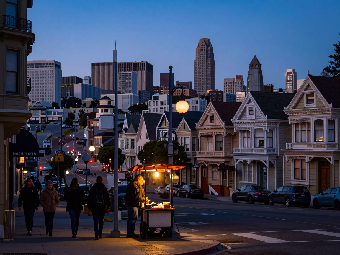 San Francisco Indigo Twilight Street Scene with Lantern and Urban Details in in San Francisco, California, United States