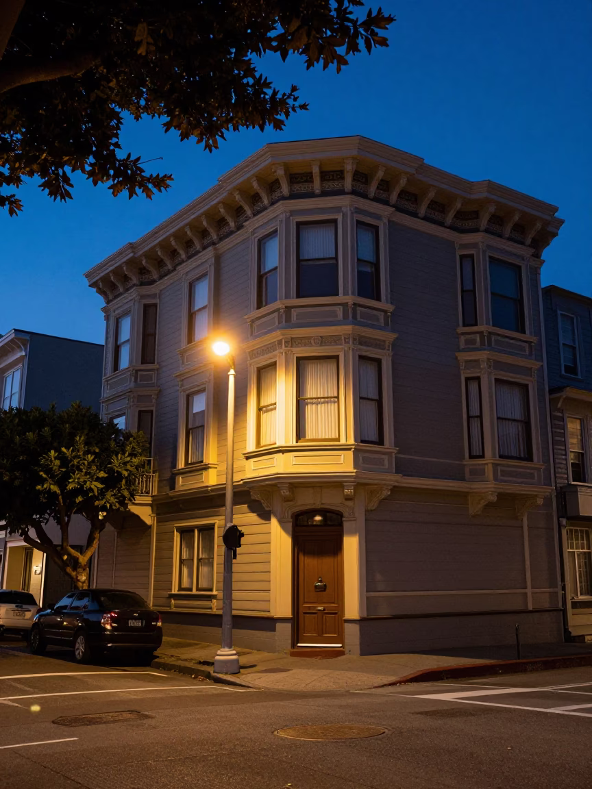San Francisco Indigo Twilight Street Scene with Leaf Shadows and Vintage Architecture in in San Francisco, California, United States
