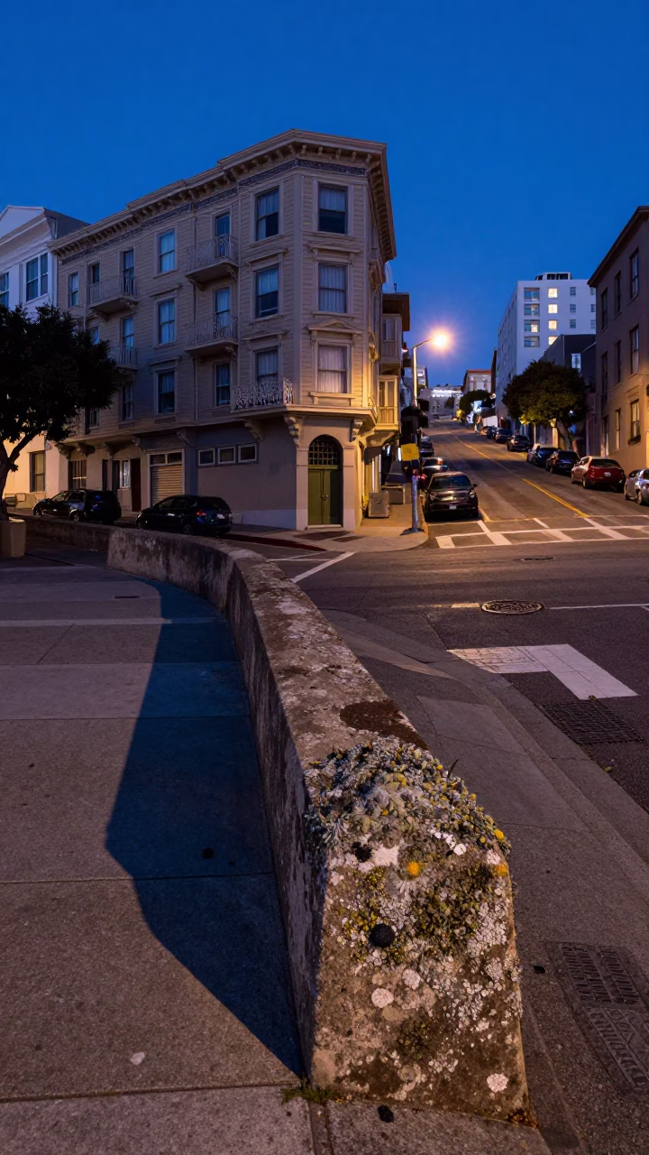 San Francisco Indigo Twilight Street Scene with Lichen Parapets and Urban Details in in San Francisco, California, United States