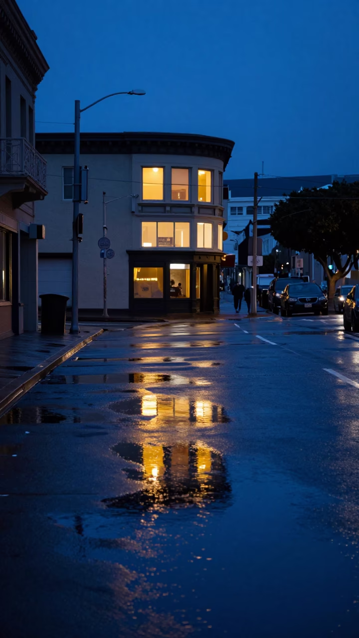 San Francisco Indigo Twilight Street Scene With Puddle Reflections And Hotel Windows in in San Francisco, California, United States