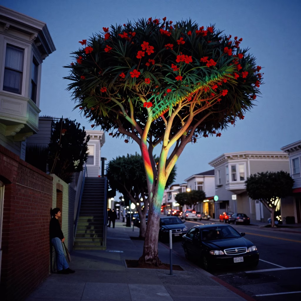 San Francisco indigo twilight street scene with rainbow eucalyptus and vintage details in in San Francisco, California, United States