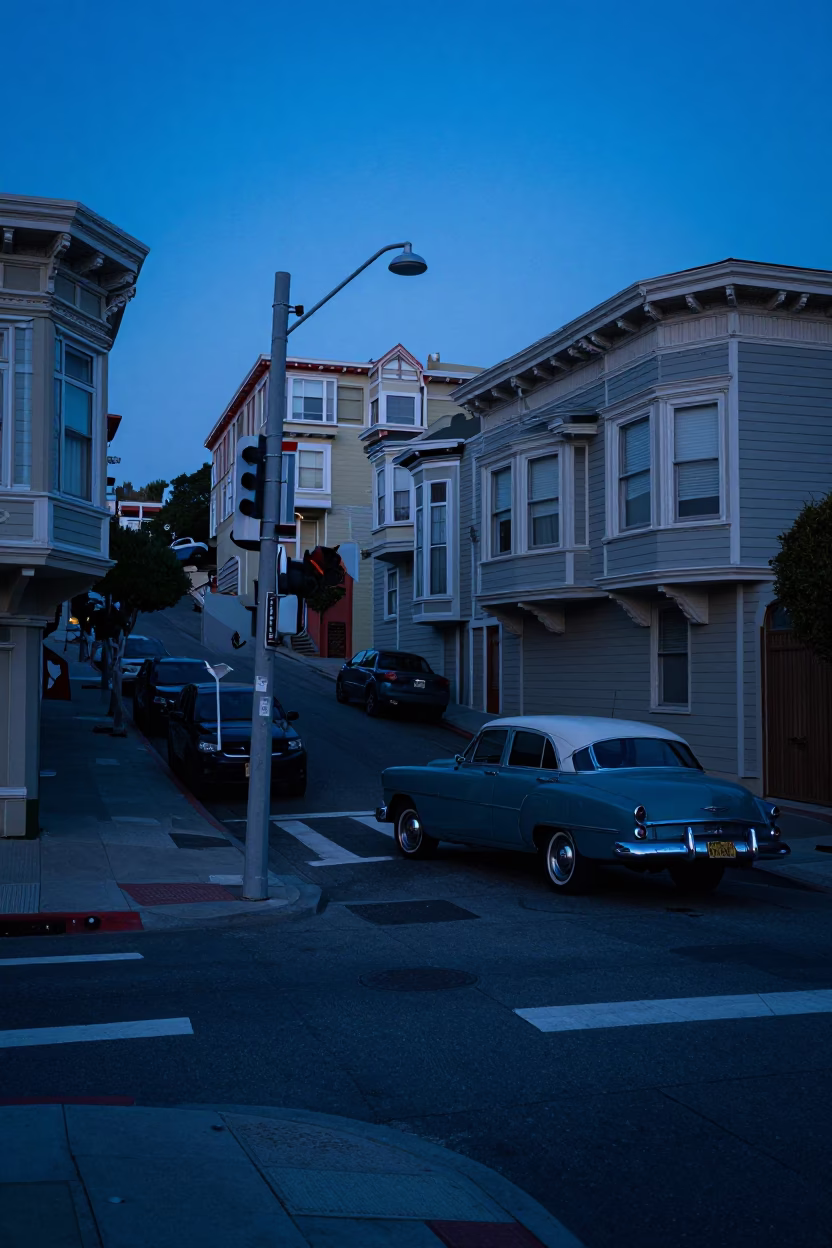 San Francisco indigo twilight street scene with vintage architecture and parked vehicles in in San Francisco, California, United States