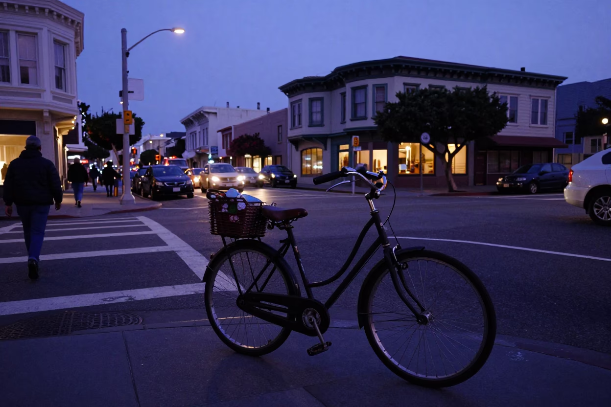 San Francisco Indigo Twilight Street Scene with Vintage Bicycle and Cable Car in in San Francisco, California, United States