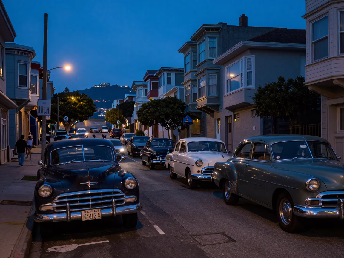 San Francisco indigo twilight street scene with vintage cars and city lights in in San Francisco, California, United States