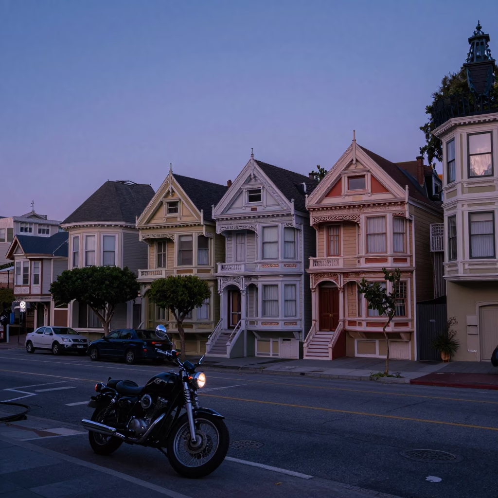 San Francisco Indigo Twilight Street Scene with Vintage Motorcycle and Foggy Urban Atmosphere in in San Francisco, California, United States