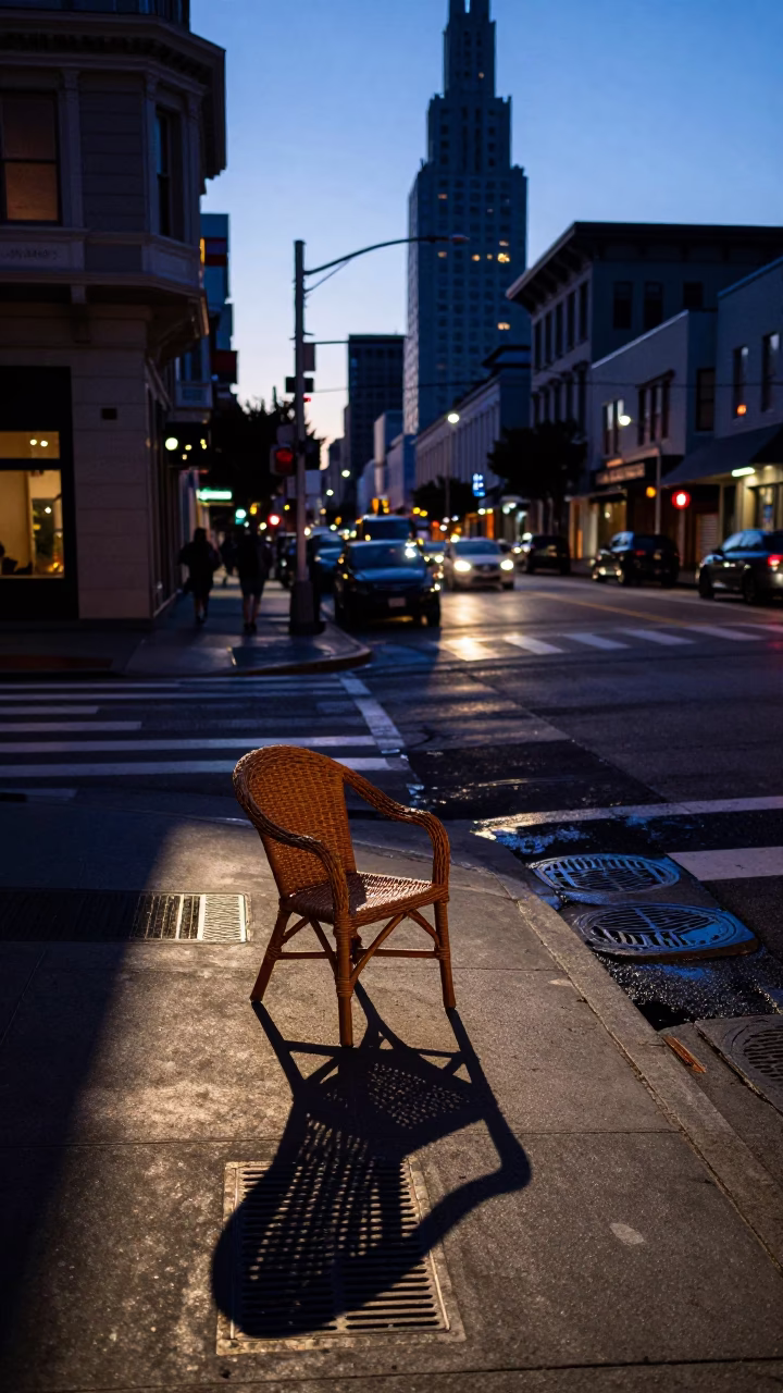 San Francisco Indigo Twilight Street Scene with Wicker Shadow and Harbor Activity in in San Francisco, California, United States