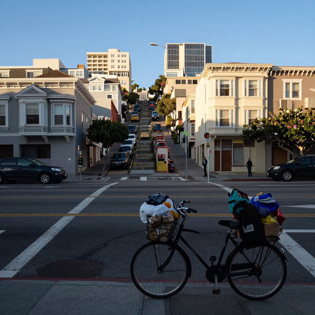 San Francisco Late Afternoon Street Scene with Bicycle and Urban Landscape in Clear Light in in San Francisco, California, United States