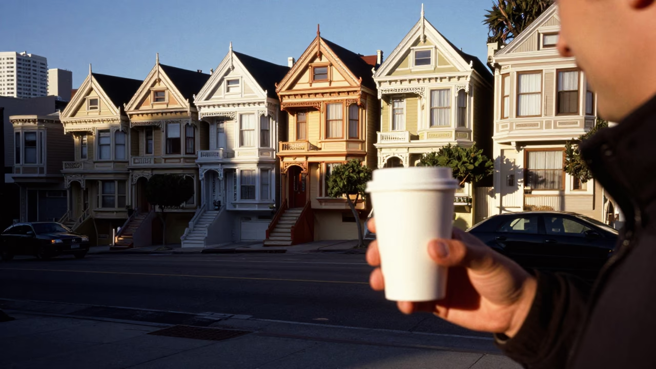 San Francisco Late Afternoon Street Scene with Coffee Cup and Urban Details in in San Francisco, California, United States
