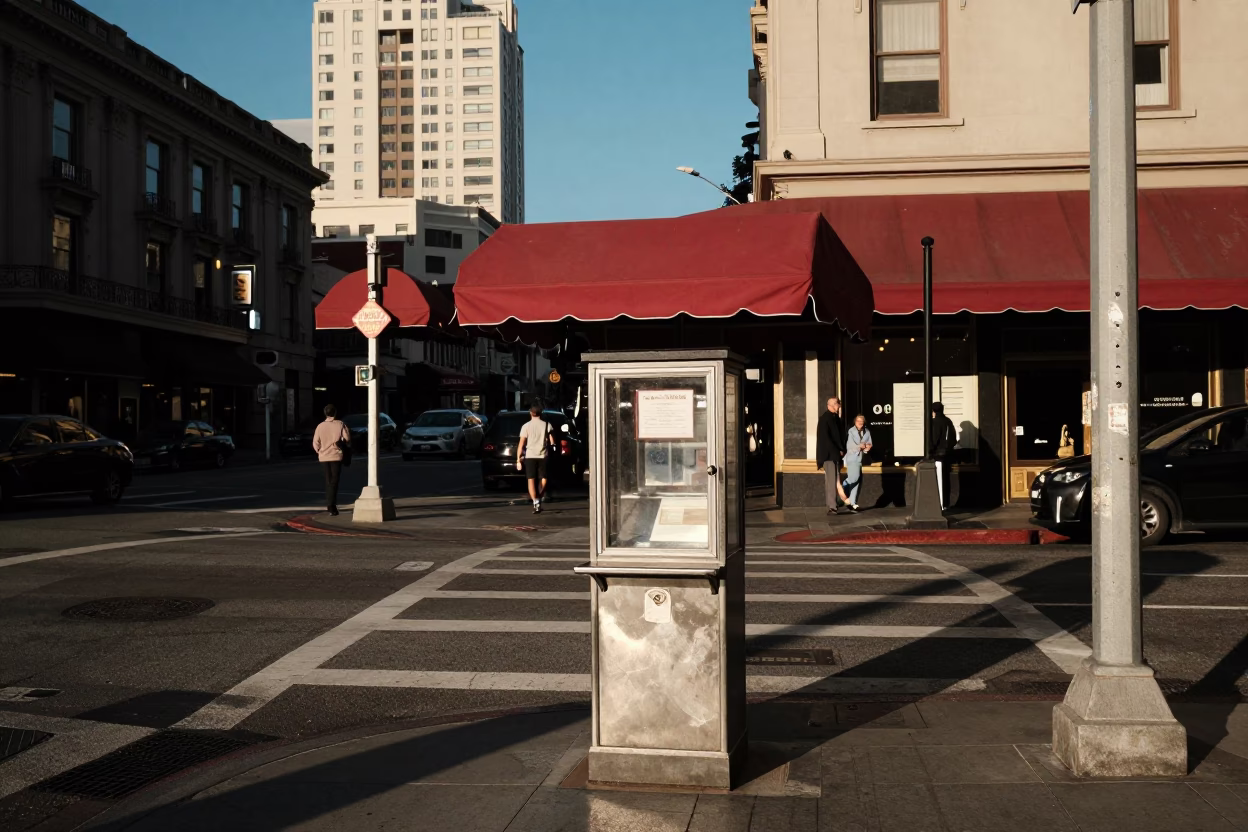 San Francisco Late Afternoon Street Scene with Vintage Valet Stand and Carafe in in San Francisco, California, United States
