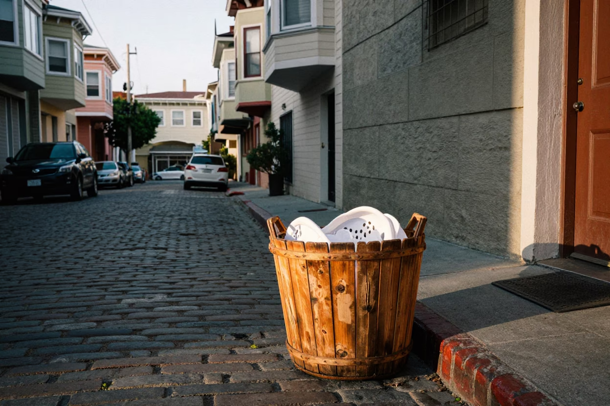 San Francisco Late Morning Street Scene with Laundry Basket and Clothesline in in San Francisco, California, United States