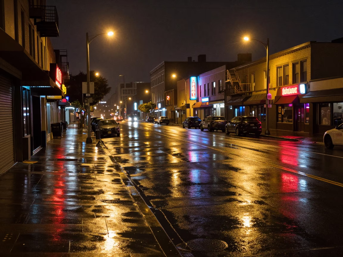 San Francisco Late Night Street Scene with Wet Pavement Reflections and Urban Architecture in in San Francisco, California, United States