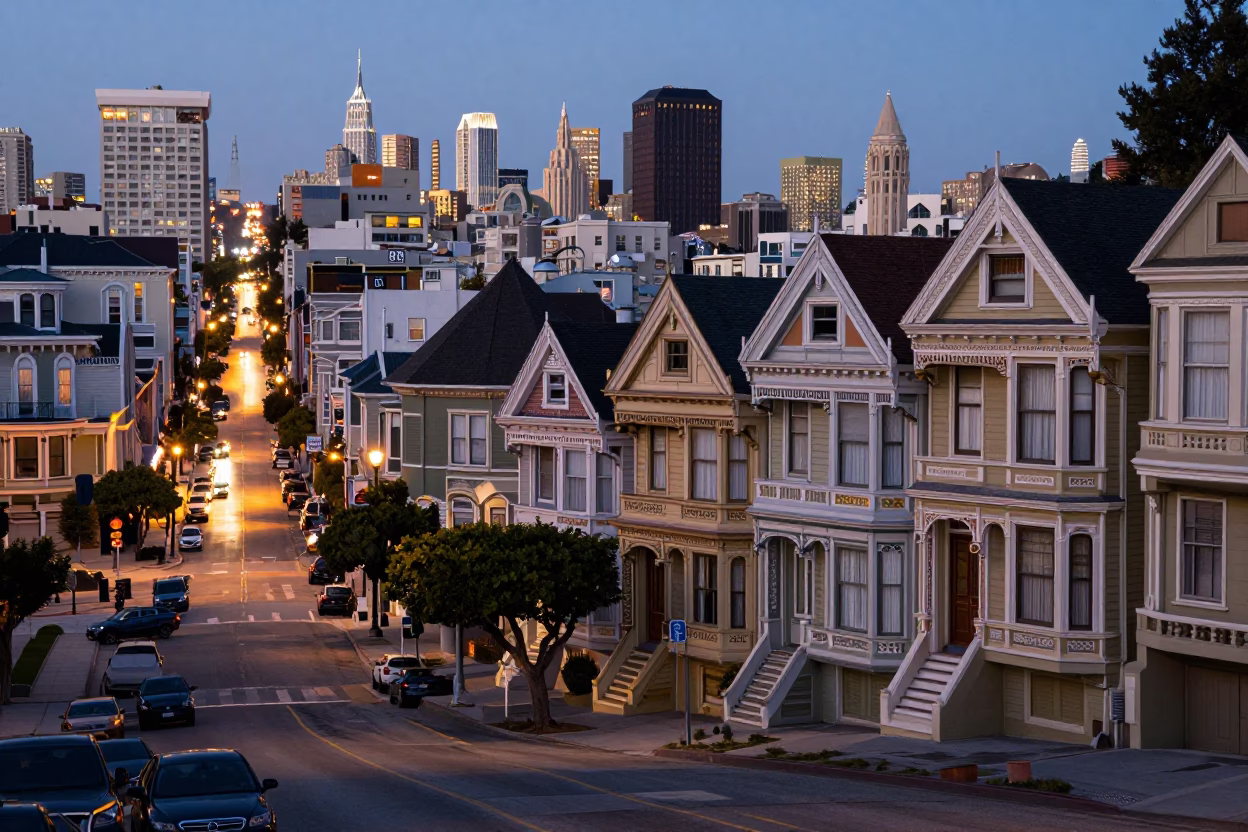 San Francisco Lights Glow at As City Lights Begin To Glow in in San Francisco, California, United States