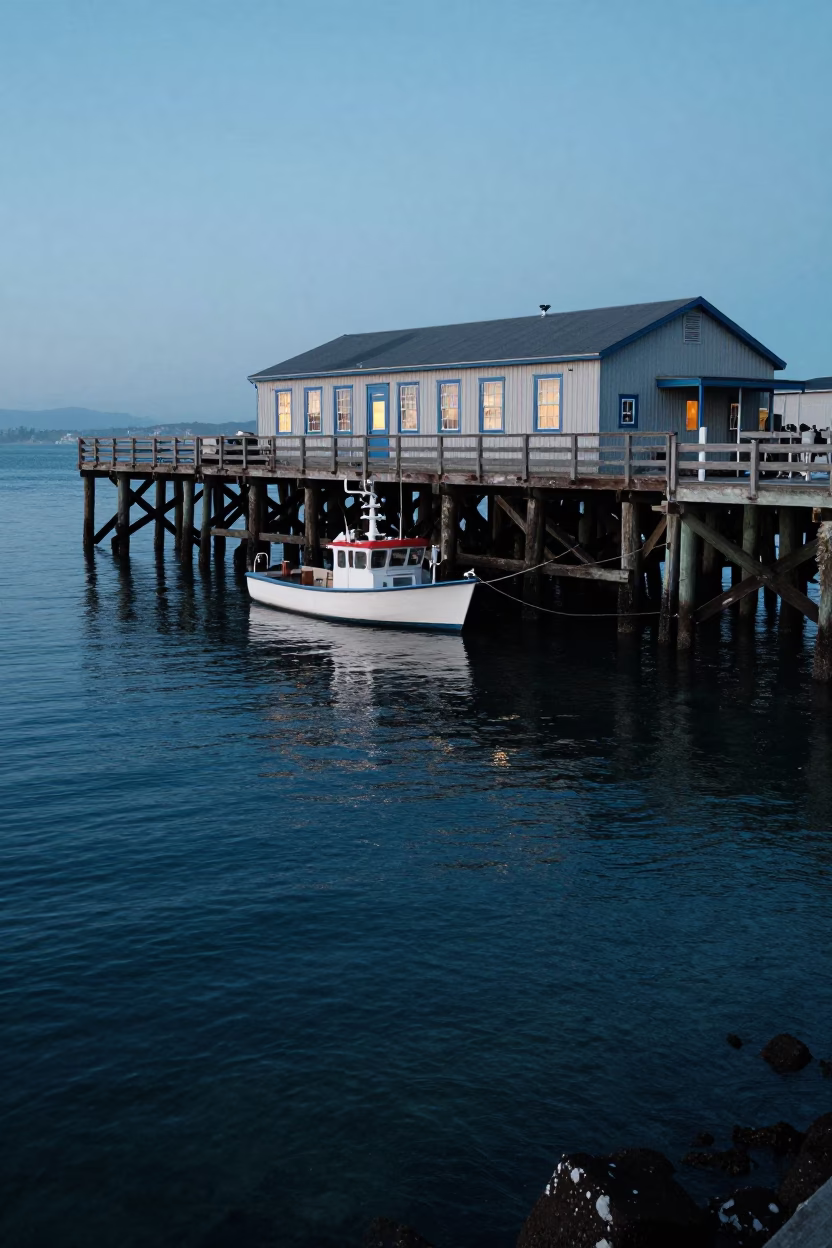 San Francisco Marine Science Field Station Over Clear Tidal Water in Evening Blue Light in in San Francisco, California, United States
