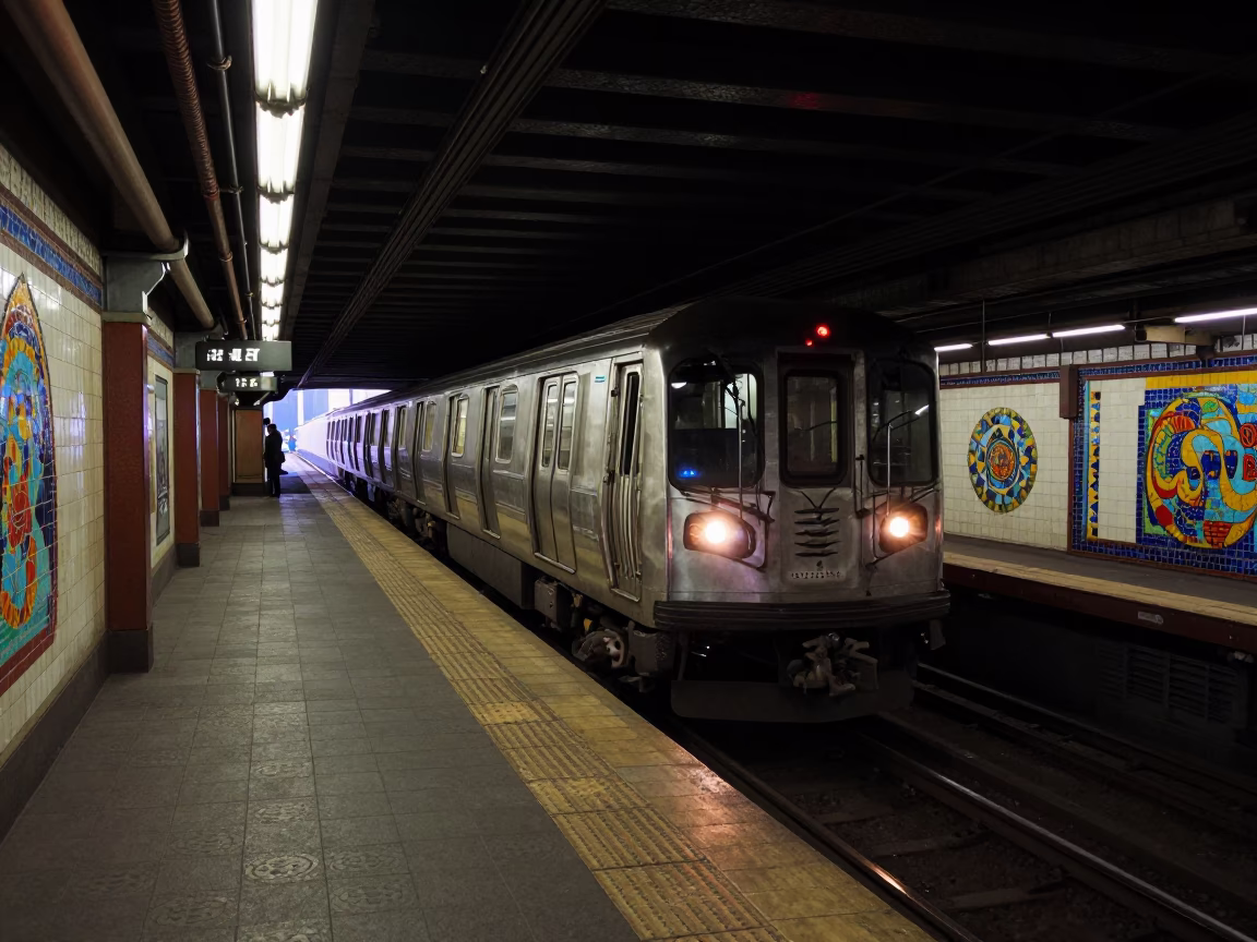 San Francisco Metro Train Arriving at Art-Adorned Station in Predawn Darkness in in San Francisco, California, United States