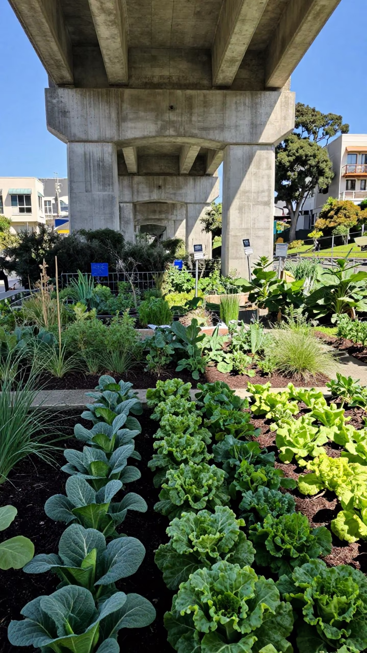 San Francisco Midday Viaduct Shadow Over Allotment Gardens After Rain in in San Francisco, California, United States