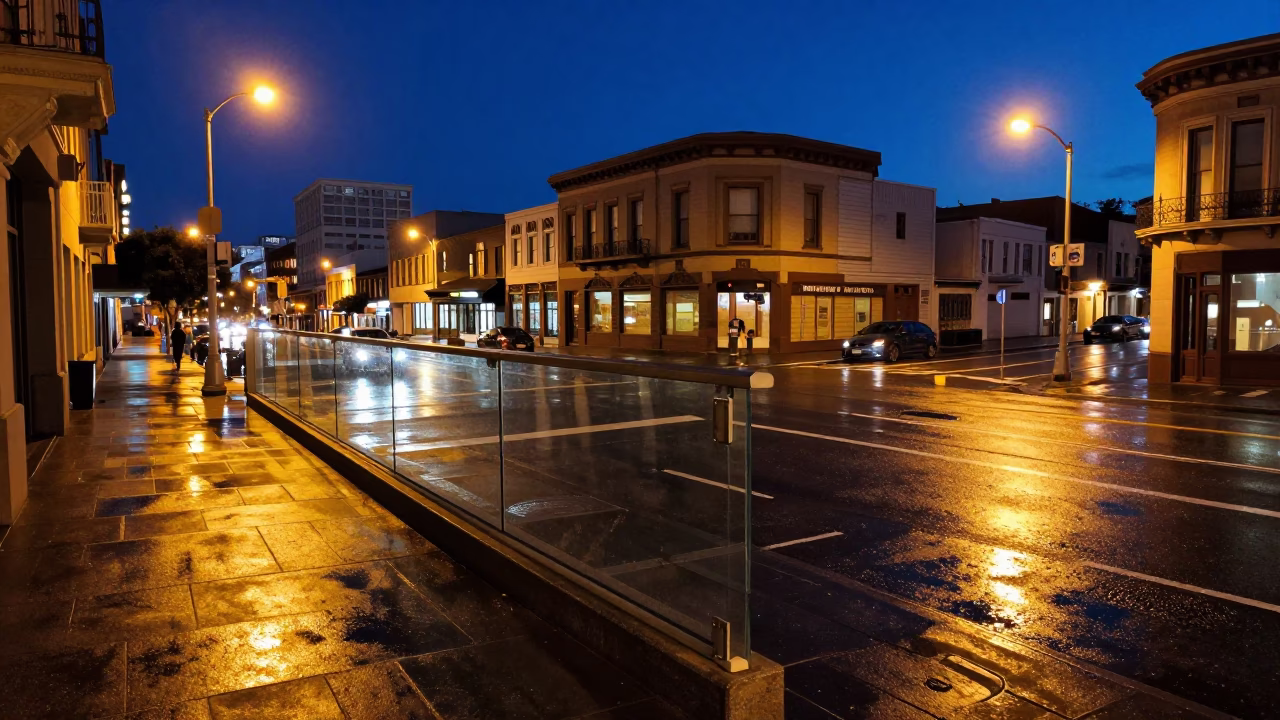 San Francisco Midnight Street Scene with Clear Glass Rail and Urban Architecture in in San Francisco, California, United States