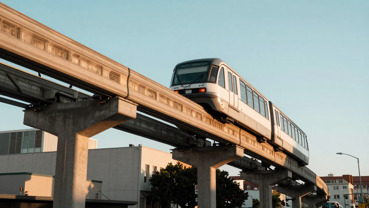 San Francisco Monorail Transit Above City Street in Early Afternoon Light in in San Francisco, California, United States