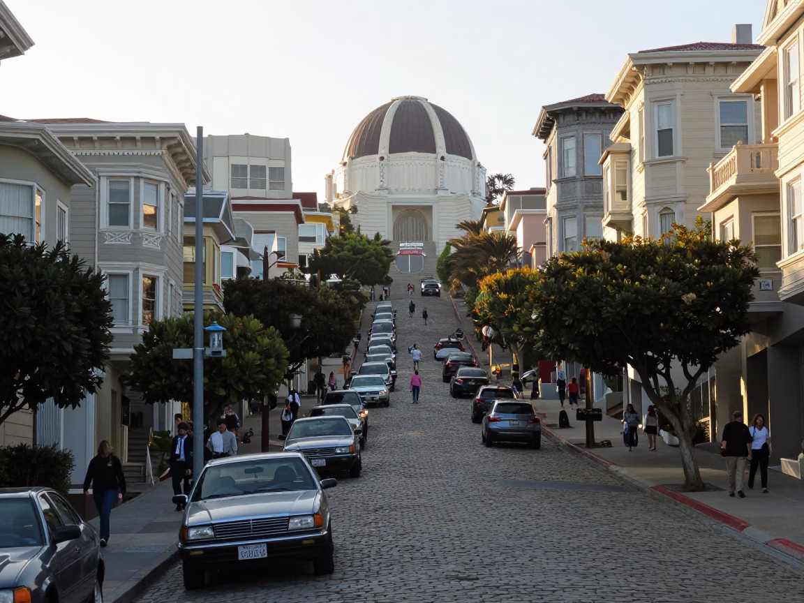 San Francisco Morning Commute on Steep Hill with Crumbling Observatory Dome and City Skyline in in San Francisco, California, United States