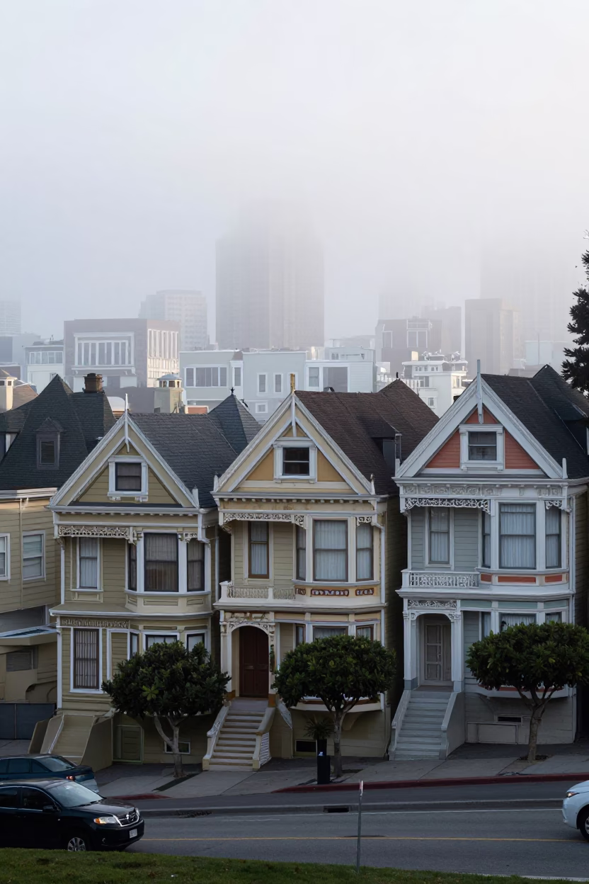 San Francisco Morning Fog Rolling Over Victorian Painted Ladies Before Sunrise in in San Francisco, California, United States
