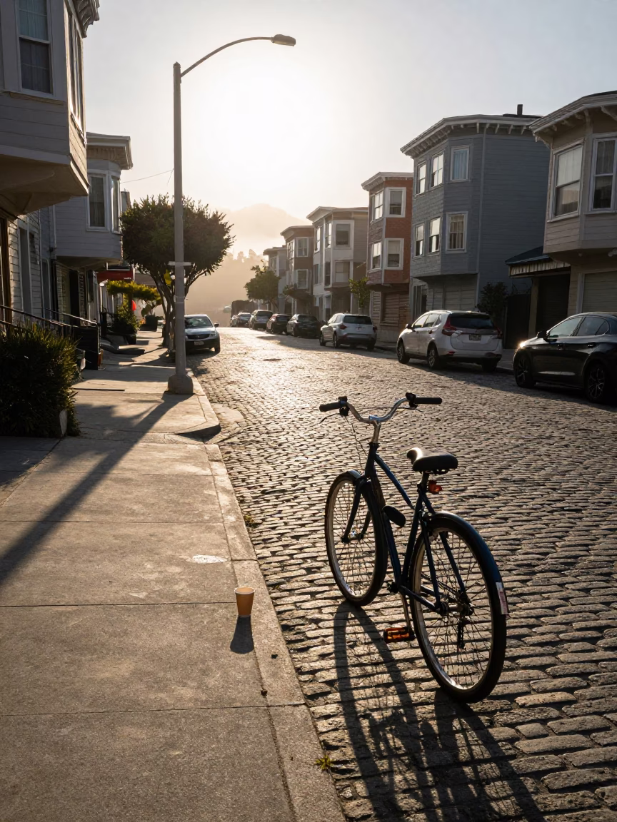 San Francisco Morning Street Scene with Bicycle and Coffee Cup in in San Francisco, California, United States