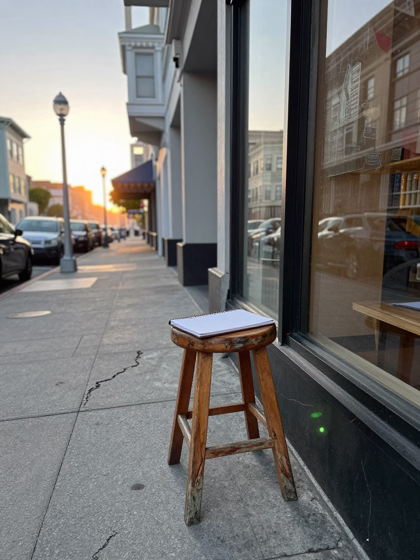 San Francisco Morning Street Scene with Wooden Stool and Notebook Near Sunrise in in San Francisco, California, United States