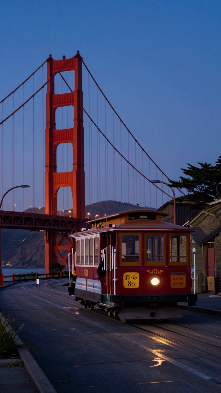 San Francisco Nautical Dawn Cable Car Crossing Golden Gate Bridge Gorge with City Skyline in in San Francisco, California, United States