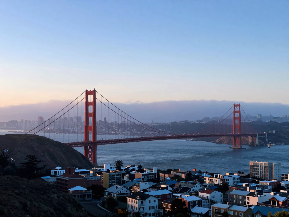 San Francisco Nautical Dawn Cityscape Golden Gate Bridge View in in San Francisco, California, United States