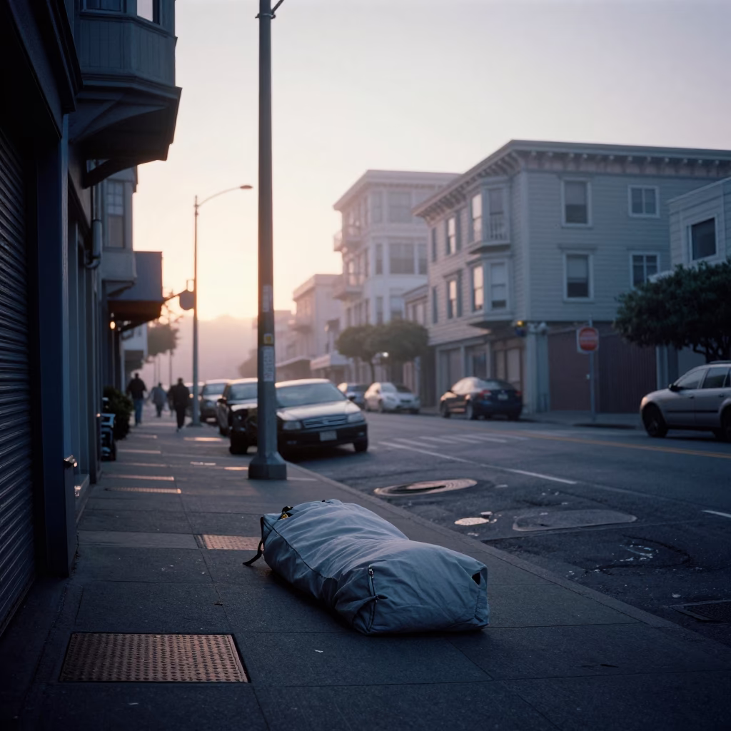 San Francisco Nautical Dawn Street Scene with Sleeping Bag and Urban Textures in in San Francisco, California, United States